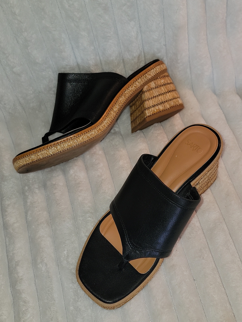 Franco Sarto Black Leather Woven Block Heel Sandals